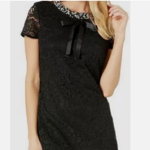 Betsey Johnson Dresses & Skirts - BETSEY JOHNSON LACE DRESS Black Silver Pearls Rhinestones Bow Cocktail Wedding